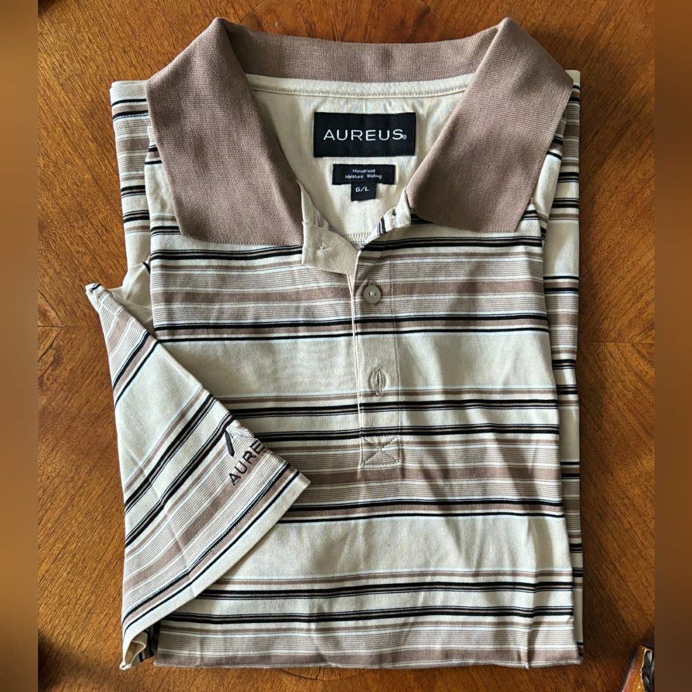 DEADSTOCK NEW Aureus Tan Stripe Vintage Golf Shirt, Men’s L